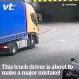 Truck driver gets stuck under low bridge